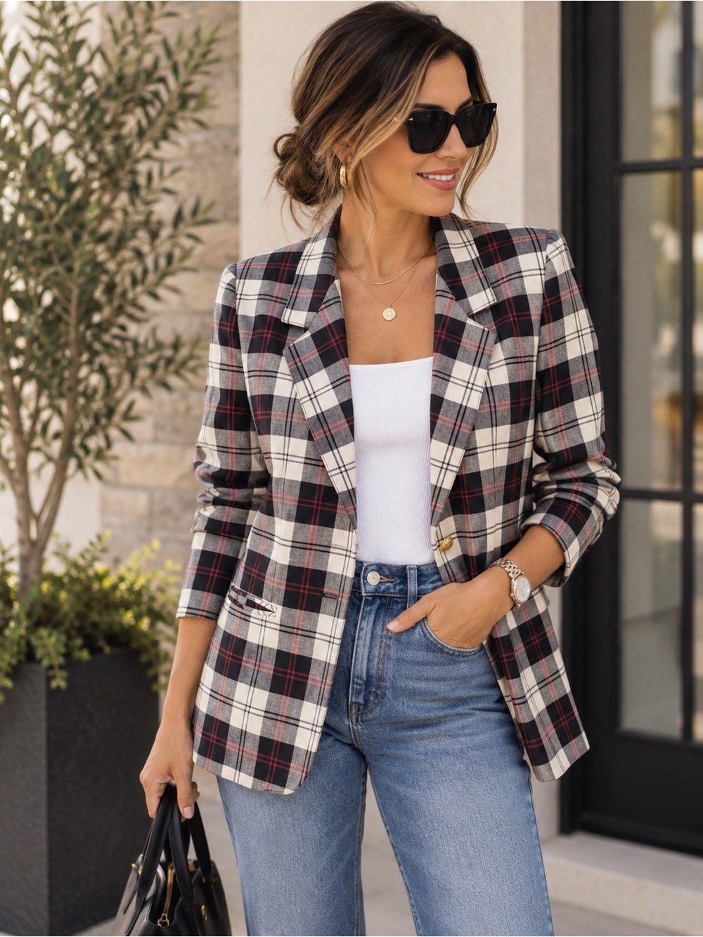 Vintage Giorgio Sant Angelo Blazer Womens 10 Plaid Linen Gold Button 80s 90s